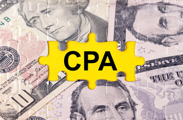 Wall Mural - Puzzle with the image of dollars in the center of the inscription -CPA