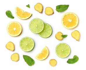 Canvas Print - lime and lemon slices on white background