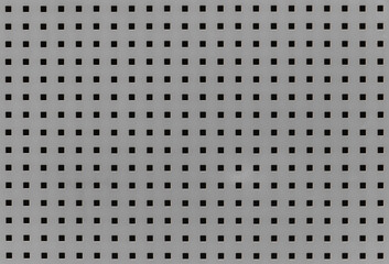 Background with many small square holes. Grey metal sheet with through square holes, textured iron. Metal grill with holes.  Close-up view