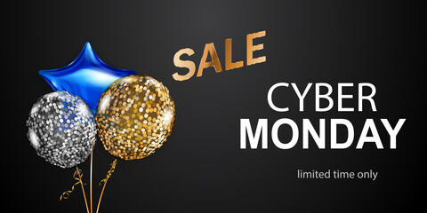 Wall Mural - Cyber Monday sale banner with blue, golden and silver balloons on black background. Vector illustration for posters, flyers or cards.