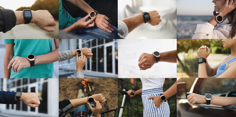 Photos of people using different smart watches, closeup. Collage design