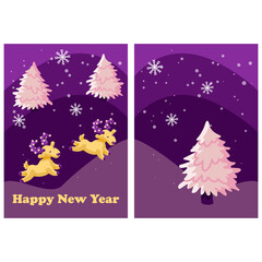 New year deer card on white isolated backdrop. Christmas tree postcard for invitation or gift card, notebook, bath tile, scrapbook. Phone case or cloth print. Flat style stock vector illustration