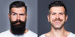 © Volodymyr - Bearded man with long beard and mustache or handsome hipster in barbershop. Shaved vs unshaven Barber hair salon. Before and after.