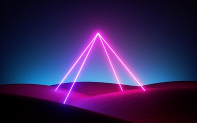 Wall Mural - 3d render, abstract pink blue neon background with glowing pyramid in the middle of the empty desert. Futuristic design with laser lines