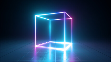 Wall Mural - 3d render, abstract geometric ultraviolet background, blue neon cube perspective view, cubic cage st