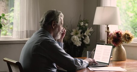 Aged man sit at table look at laptop screen typing read text makes corrections. Journalist work, article creation, make research, older generation people modern tech, grammar check app usage concept