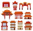 © Buch&Bee - Chinese buildings, temples architecture. Traditional china town with pagoda and gate decorated with red paper festive lanterns. Ancient asian architectural structure, buildings facades exterior design
