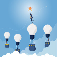 Wall Mural - Businessman reaches the star-Achieving goal business concept, Businessman on Glowing light bulb reach star, Representation of creative business idea concept