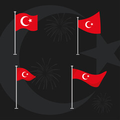 Poster - 29 ekim Cumhuriyet Bayrami kutlu olsun, flags in pole national on fireworks dark background turkey republic day