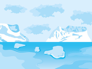  arctic landscape with icebergs and blocks floating, colorful design