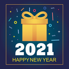 Wall Mural - 2021 happy new year gold gift box celebration memphis geometric blue background