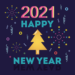 Wall Mural - 2021 happy new year lettering gold tree memphis geometric black background