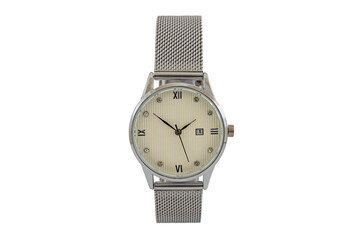 Wall Mural - Women's round silver classic watch with metal mesh style strap, white dial face isolated on white background.