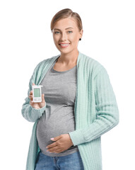 Wall Mural - Pregnant diabetic woman with digital glucometer on white background