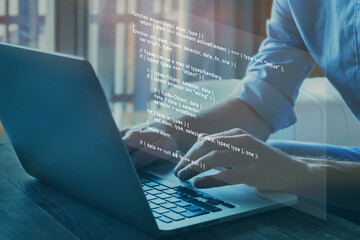 programmer writing programming code script on virtual screen