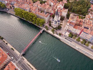 Canvas Print - Lyon unusual view, France, cityscape from above, Saint-Georges church and boats on Saone river