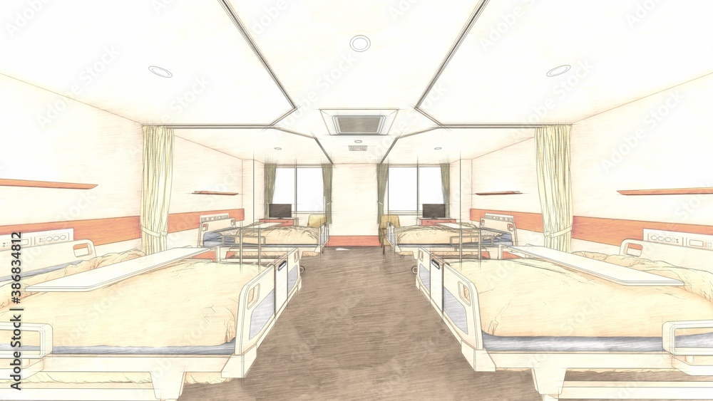 病院 病室 テーブル有り 食べ物無し 人なし イラスト11 Do Biura Naklejki