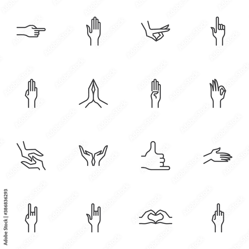 Hand gestures line icons set, outline vector symbol collection, linear ...