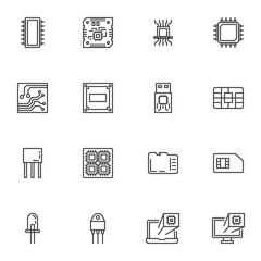 Wall Mural - Computer microchip line icons set, outline vector symbol collection, linear style pictogram pack. Signs logo illustration. Set includes icons as cpu processor, pc chip, circuit board, laptop hardware