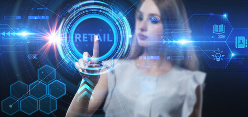 Business, technology, internet and network concept. Young businessman thinks over the steps for successful growth: Retail