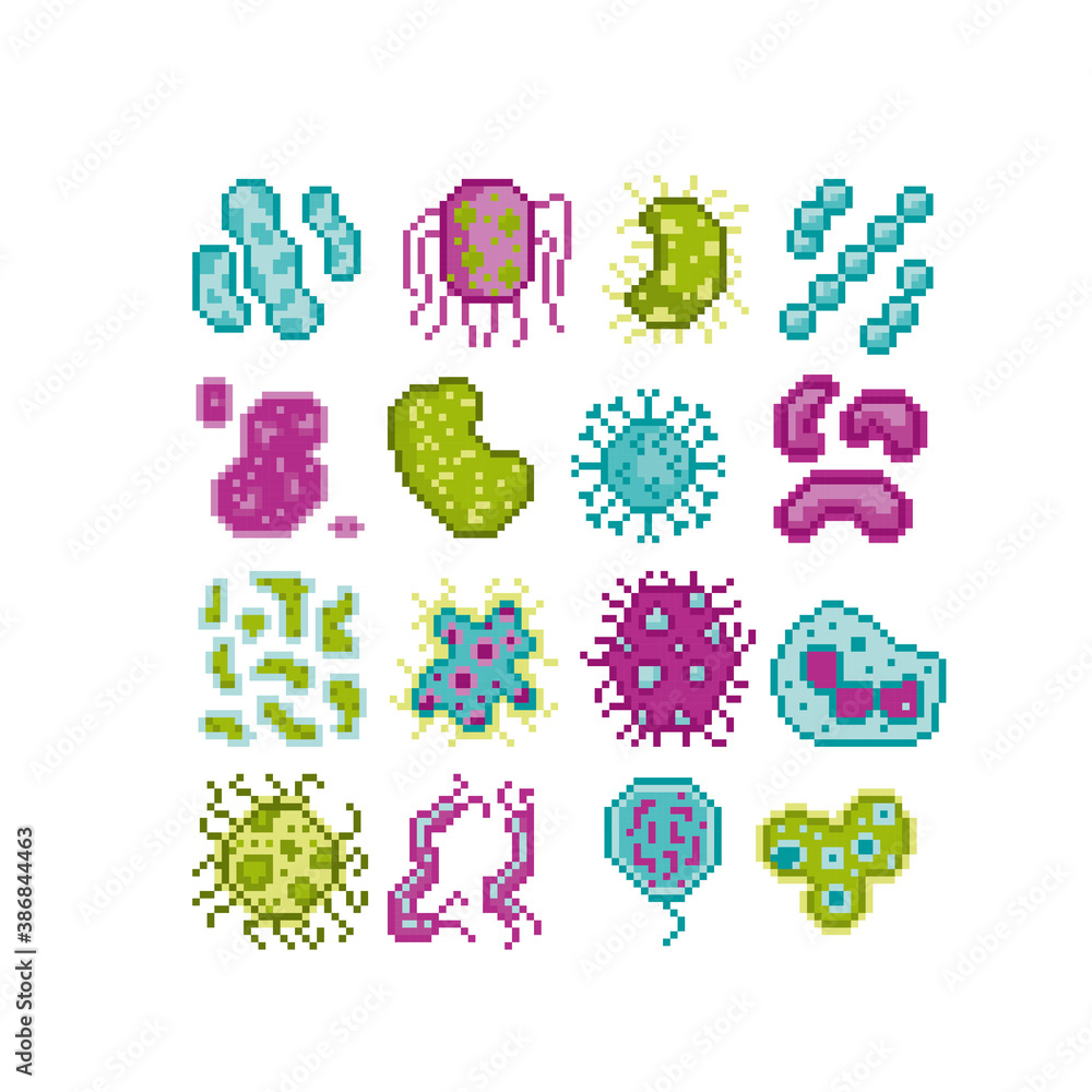 Bacteria and microbe pixel art icons set. Viral molecules. Micro ...