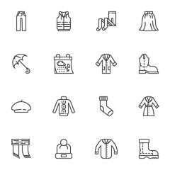 Wall Mural - Autumn clothes line icons set, outline vector symbol collection, linear style pictogram pack. Signs, logo illustration. Set includes icons as umbrella, raincoat, jacket, boot shoe, calendar, hat, cap