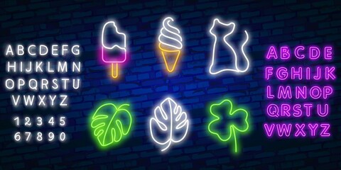 Wall Mural - Pop art icons set. Pop art neon sign. Bright signboard, light banner. Vector illustration Pop art icons set. Pop art neon sign. Set of neon stickers, pins, patches in 80s-90s neon style.