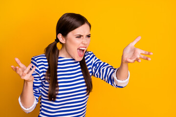 Poster - Portrait of frustrated girl have disagreement misunderstanding shout wear good look clothes isolated over vivid color background