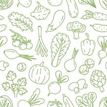 Monochrome Line Art Seamless Pattern With Various Organic Vegetables. Repeatable Background With Healthy Veggies And Salad Greens. Vector Linear Illustration