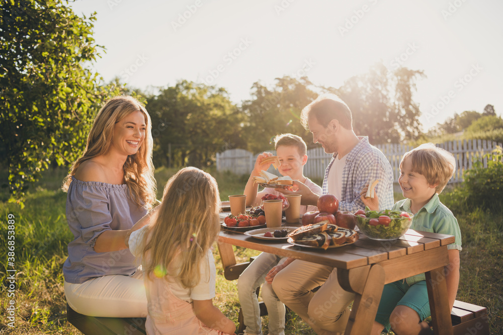 Photo of full big family five people three little kids sit bench table relax delicious dinner eat sandwich apples salad generation sunny weekend comfort home park backyard outdoors Stock Photo | Adobe