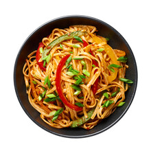 Vegetarian Schezwan Noodles Or Vegetable Hakka Noodles Or Chow Mein Isolated On White Background. Schezwan Noodles Is Indo-chinese Cuisine Hot Dish With Udon Noodles, Vegetables And Chilli Sauce