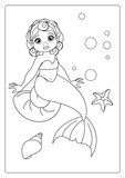 Fototapeta Dinusie - Cute Mermaid Princess Underwater world  with fish Coloring Book Page