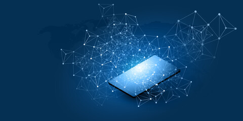 Abstract Blue Minimal Style Cloud Computing, Networks Structure, Telecommunications Concept Design, Network Connections, Transparent Geometric Mesh with Mobile Device - Vector Illustration