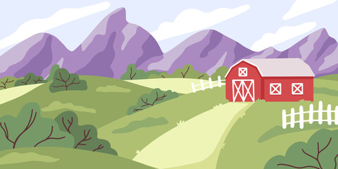 Summer village. Natural background, vacation, forest and trees, mountain, country life, green hills and red barn. Summer and spring countryside landscape. Farm and agriculture. Eco products banner.