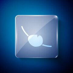 Sticker - White Pirate eye patch icon isolated on blue background. Pirate accessory. Square glass panels. Vector.