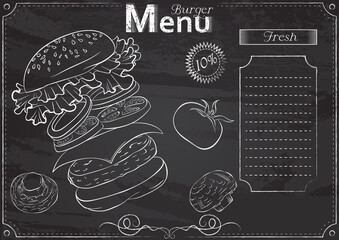 Vector template with burger elements for menu stylized as chalk drawing on chalkboard.Design for a restaurant, cafe or bar. Still life illustration. Fast food menu