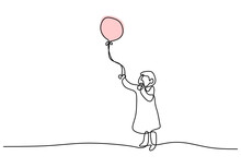 One Continuous Line Drawing Of Little Girls Playing Balloons. Cute Child Girl Is Holding A Waving Balloon In The Wind Isolated On White Background. Childhood Concept. Vector Illustration