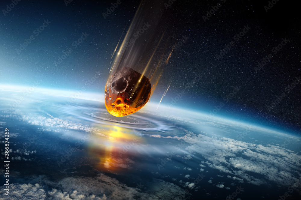 A huge city sized meteor slams into the earth's atmosphere creating shock waves. Mass extinction event 3D science illustration. - obrazy, fototapety, plakaty 