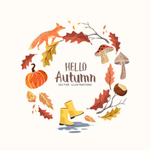 Hello Autumn! Seasonal Fall Time Elements With Leaves, Nuts And Mushrooms. Thanksgiving And Harvest Vector Illustration