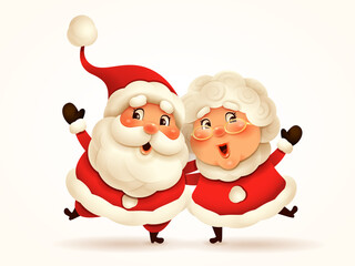 Santa Claus and his wife Mrs Claus arm over shoulder. Vector illustration of Christmas character on plain background. Isolated.