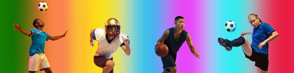 Energy. Sport collage of professional athletes on gradient multicolored neoned background, flyer. Concept of motion, action, power, healthy, active lifestyle. American football, soccer, basketball