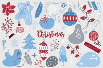 Christmas design elements with abstract shapes, ball, bauble, star, garland