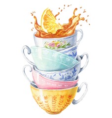 Watercolor tea cups stack with liquid splash and lemon slice on white background. Watercolour food illustration.