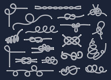 Sea Rope Knots And Loops Set. Marine Rope And Sailors Ship Knot, Cord Sailor Borders, Knot Sail, Package Rope, Looped String, Nautical Loop Vector Illustration