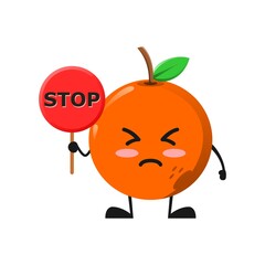 vector illustration of cute orange fruit mascot or character holding sign say stop. cute orange fruit Concept White Isolated. Flat Cartoon Style Suitable for Landing Page, Banner, Flyer, Sticker.