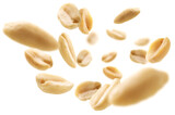 Fototapeta Lawenda - Peeled peanuts levitate on a white background