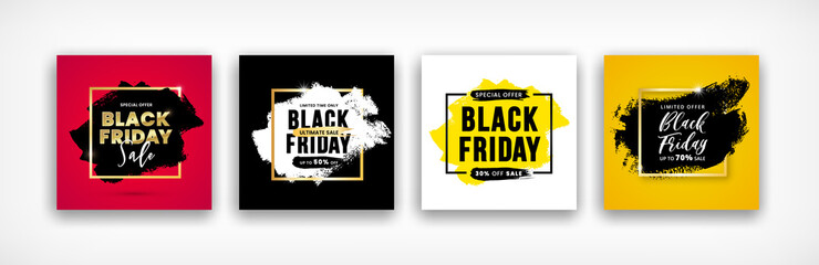 Black friday sale banner templates set. Social media designs for flyer, poster, shopping, discount, web, promotion, advertisment, background. Vector illustration