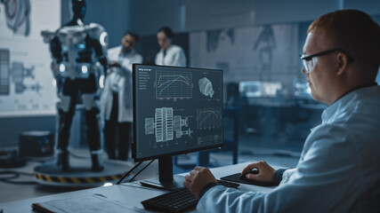 Wall Mural - In Robotics Development Laboratory: Chief Analyst Uses Computer for Designing Powered Exosuit to Help Disabled People. Top Engeneers and Scientists Work on Bionics Exoskeleton Prototype.