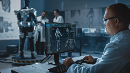 Wall Mural - In Robotics Development Laboratory: Chief Analyst Uses Computer for Designing Powered Exosuit to Help Disabled People. Top Engeneers and Scientists Work on Bionics Exoskeleton Prototype.