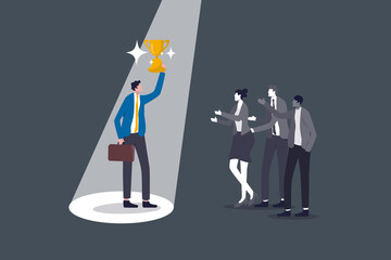 Recruitment talent choose best man for job, being recognized for hard work or value visibility on working skill, confidence winner businessman holding trophy cup with spotlight on with colleagues.